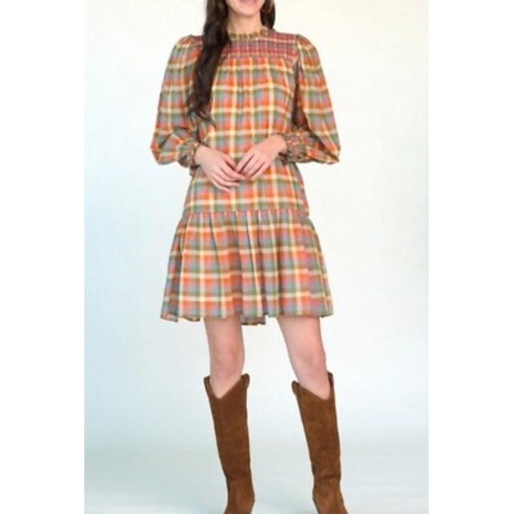 Olivia James The Label Multicolor Plaid Smocked Tiered Cotton Mini Dress XS